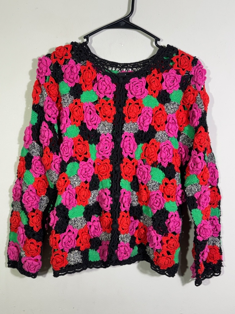 Vintage 1990s Tony Lambert Floral Crochet Cardigan 3D Rose Boho Sz M Cottagecore